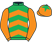 Emerald green and orange chevrons, orange sleeves, orange cap, emerald green star}
