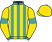 Emerald green and canary yellow stripes, canary yellow sleeves, emerald green armbands and cuffs, yellow cap}