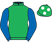 Emerald green, royal blue sleeves, emerald green cap, white spots}
