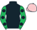 Black, emerald green sleeves, black spots, pink cap}