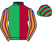 Emerald green & maroon halved, orange & purple striped sleeves, emerald green & maroon striped cap}