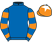 Royal blue, orange hooped sleeves, orange cap, white star}