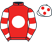 Red, white disc, hooped sleeves, white cap, red spots}