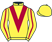 Yellow, maroon chevron, yellow sleeves, maroon stripe, yellow cap}