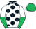 White, black spots, white and emerald green halved sleeves, emerald green cap}