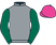 Grey, green sleeves, cerise cap}
