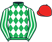 Emerald green and white diamonds, striped sleeves, red cap}