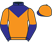 Orange, dark blue 'v' bib, halved sleeves, orange cap, blue peak.}