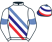 White, red, navy and blue diagonal stripes, white sleeves, blue armbands, hooped cap, navy p}