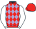 Red and mauve diamonds, white sleeves, red cap}