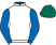 White, royal blue sleeves, dark green cap}