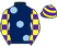 Dark blue, large light blue spots, purple and yellow check sleeves, purple and yellow hooped cap}