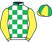 Emerald green and white check, yellow sleeves, emerald green and yellow quartered cap}