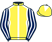 Yellow, white seams, dark blue and white striped sleeves, yellow cap, white diamond}