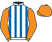 White and royal blue stripes, orange sleeves and cap}