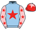 Light blue, red star, pink sleeves, red stars, red cap, pink star}