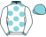 White, duck egg blue spots, collar and cuffs,duck egg blue cap}