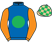 Royal blue, emerald green disc, orange sleeves, beige and emerald green check cap}
