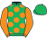 Emerald green, orange spots, orange sleeves, emerald green cap}