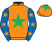 Orange, emerald green star, royal blue sleeves, orange stars, orange cap, emerald green star}