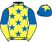 Yellow, royal blue stars, royal blue and yellow halved sleeves, royal blue cap, yellow star}