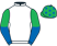 White, royal blue and emerald green halved sleeves, emerald green cap, royal blue stars}