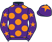 Purple, orange spots, purple sleeves, orange stars, purple cap, orange star