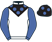 White, black 'v' bib with royal blue spots and sleeves, black cap, royal blue spots}