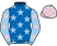 Royal blue, light blue stars, light blue sleeves, pink stars, pink cap, light blue stars}