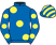 Royal blue, large yellow spots, yellow spots on sleeves, striped cap}