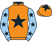 Orange, black star, light blue sleeves, black stars, orange cap, black star}