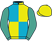 Turquoise and yellow quartered, emerald green sleeves, yellow cap}