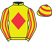 Yellow, red diamond, striped sleeves, hooped cap}