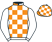 Orange and white check, white sleeves, check cap}
